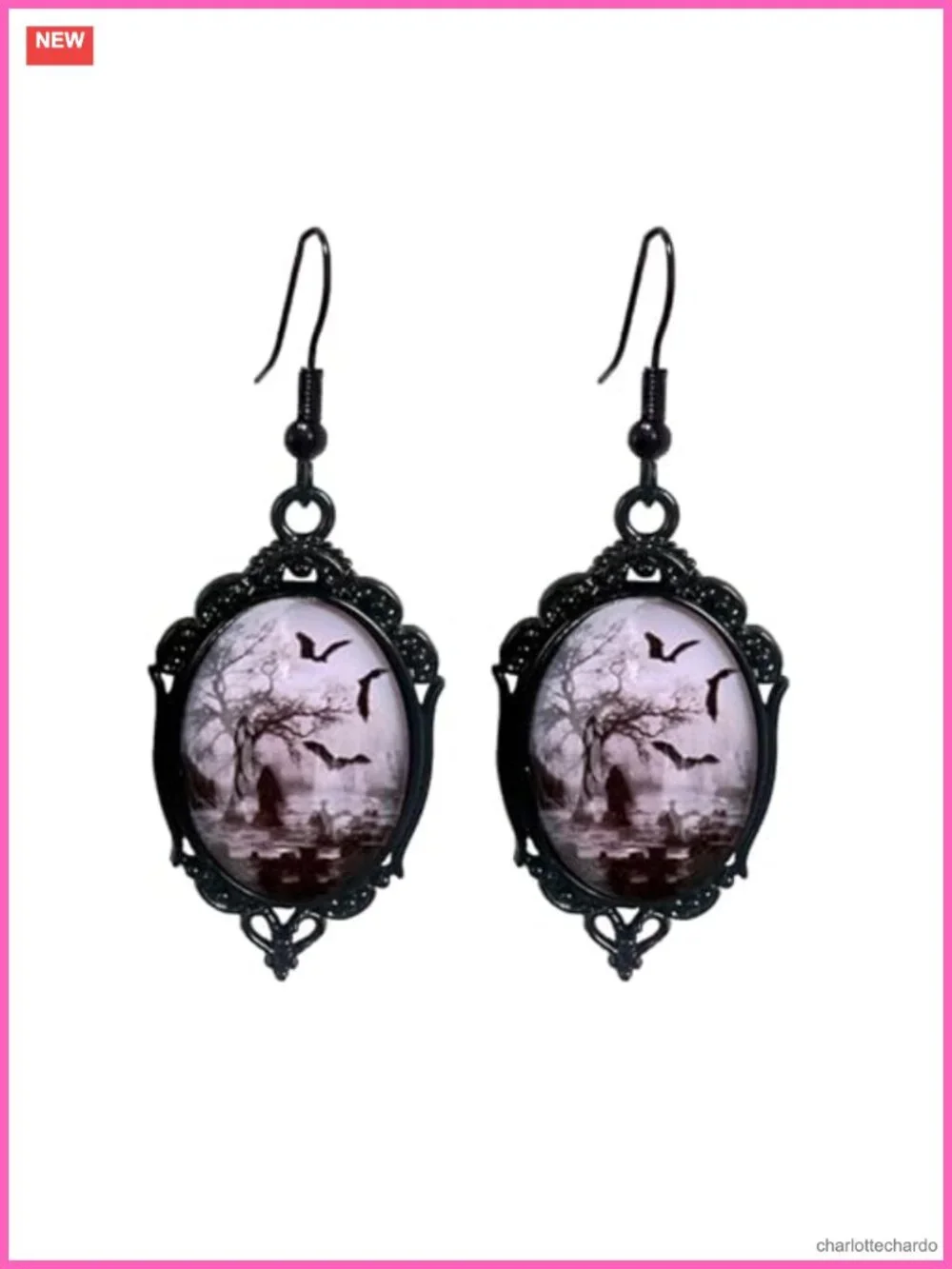 Gothic Crystal Cameo Dangle Earrings Victorian Bat Witch Halloween Jewelry